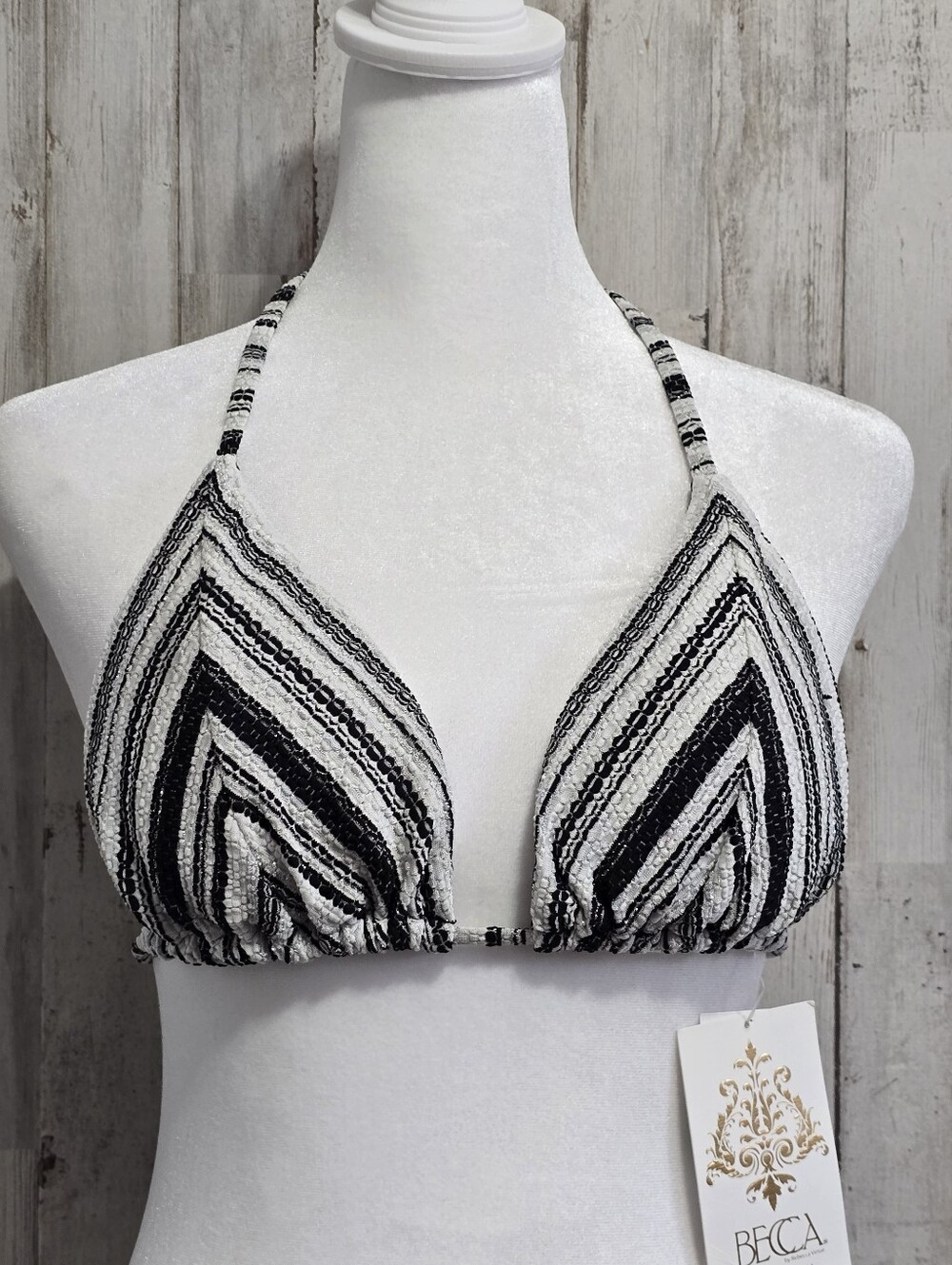 Becca Black White Silver Striped Textured Triangle Fringe Bikini Top Size Large